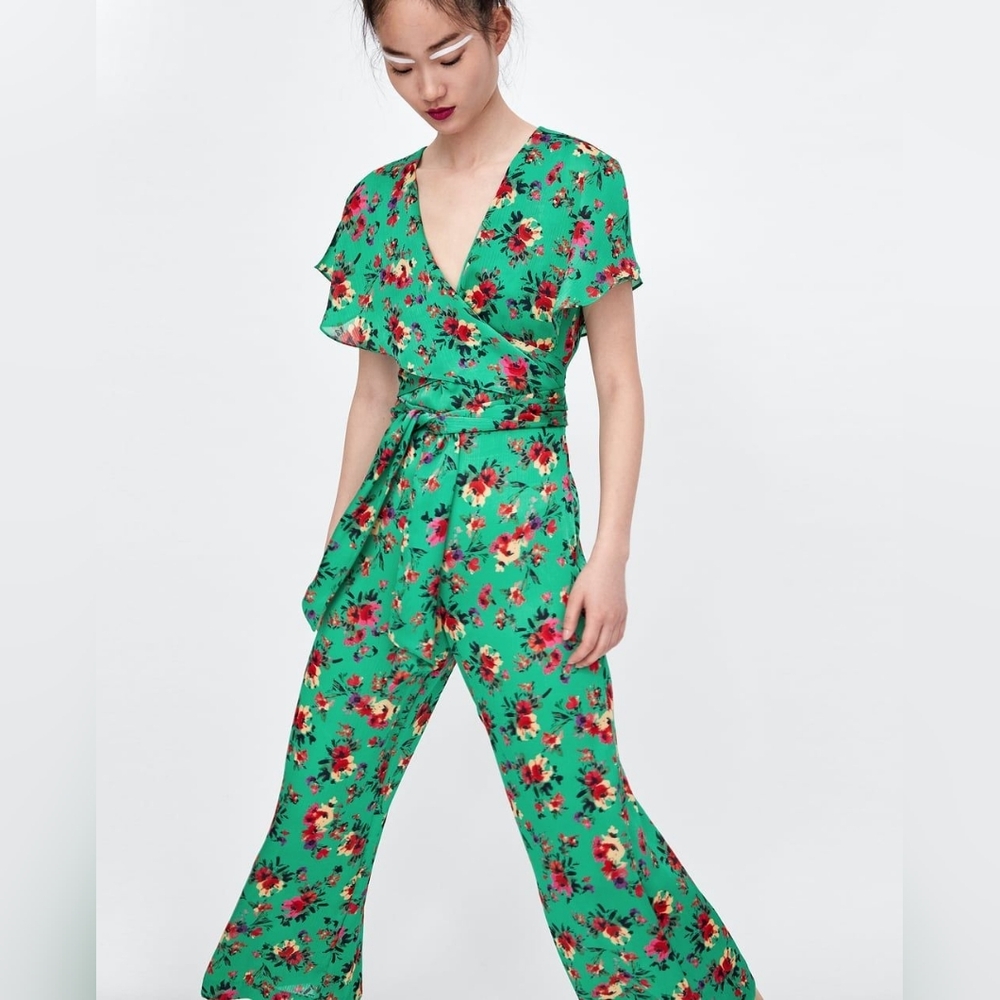 Zara Green Satin Floral Wrap Tie Jumpsuit Size Medium